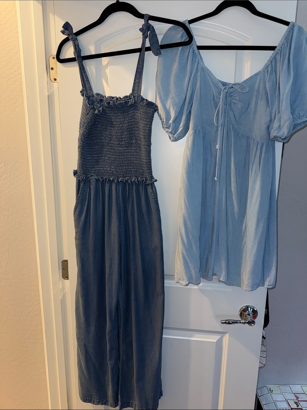 Smocked Denim Jumpsuit & Denim Dress in Washed Blue